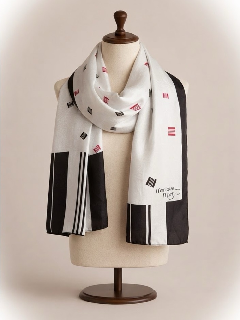 Vintage Monique Martin Creations 100% Silk Scarf Black White Geometric
